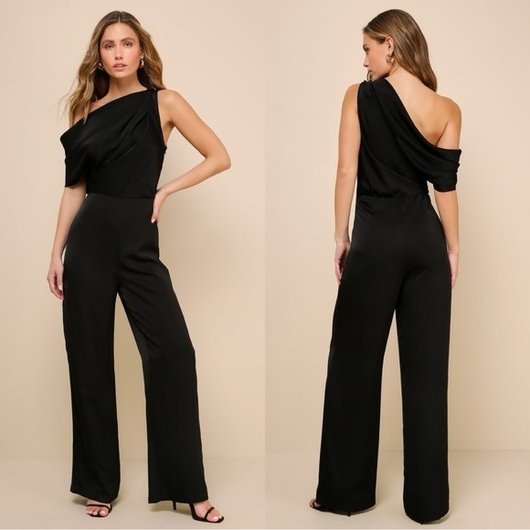 NWOT Lulus Babe Energy Black Satin One-Shoulder Wide-Leg Jumpsuit - Picture 1 of 10